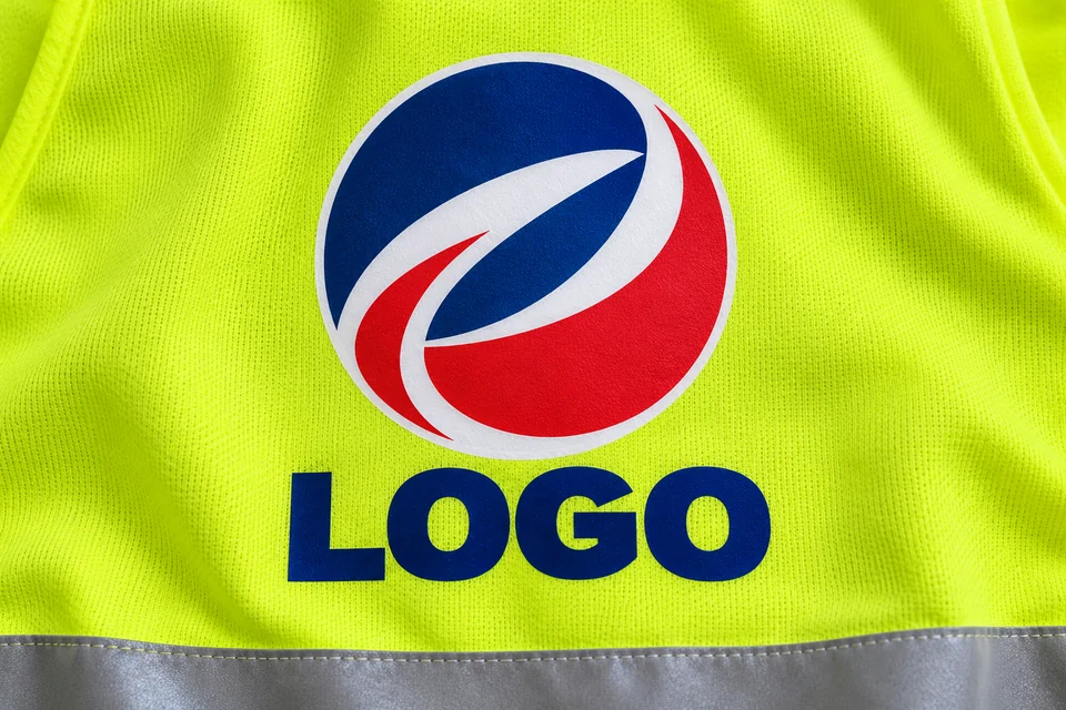 Wizualizacja nadruku DTF: kolorowe logo z białymi elementami na żółtej kamizelce