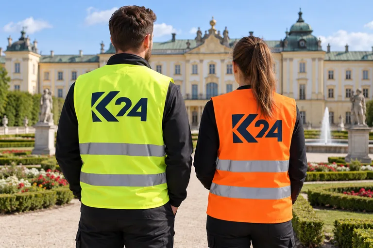 Wizualizacja kamizelek z przykładowym logo K24 na tle inspirowanym miastem Białystok