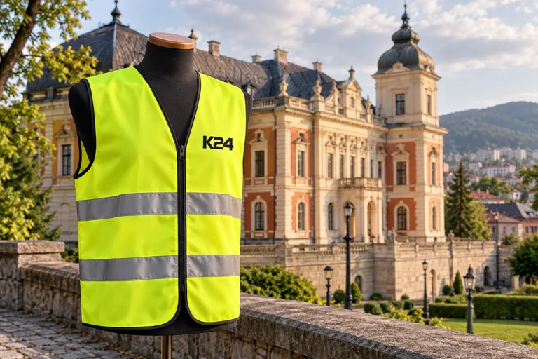 Wizualizacja kamizelek z przykładowym logo K24 na tle inspirowanym miastem Bielsko-Biała