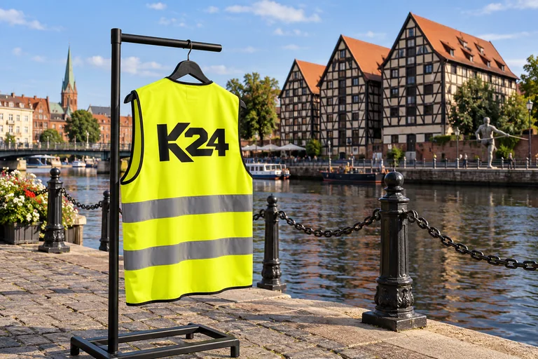 Wizualizacja kamizelek z przykładowym logo K24 na tle inspirowanym miastem Bydgoszcz