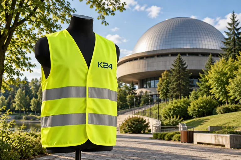 Wizualizacja kamizelek z przykładowym logo K24 na tle inspirowanym miastem Chorzów