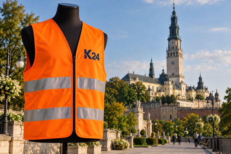 Wizualizacja kamizelek z przykładowym logo K24 na tle inspirowanym miastem Częstochowa