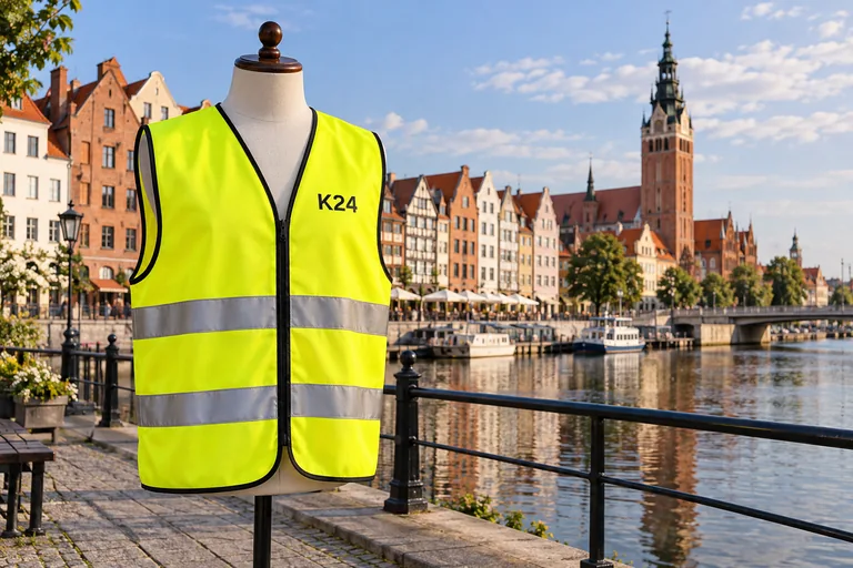 Wizualizacja kamizelek z przykładowym logo K24 na tle inspirowanym miastem Elbląg