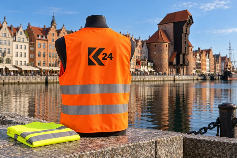 Wizualizacja kamizelek z przykładowym logo K24 na tle inspirowanym miastem Gdańsk