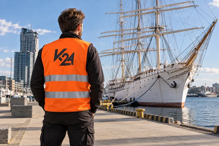 Wizualizacja kamizelek z przykładowym logo K24 na tle inspirowanym miastem Gdynia
