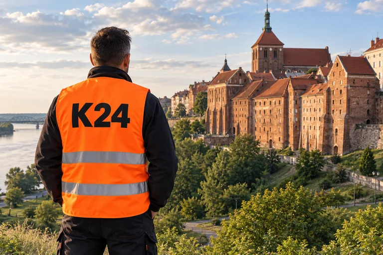 Wizualizacja kamizelek z przykładowym logo K24 na tle inspirowanym miastem Grudziądz