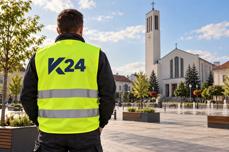 Wizualizacja kamizelek z przykładowym logo K24 na tle inspirowanym miastem Jaworzno