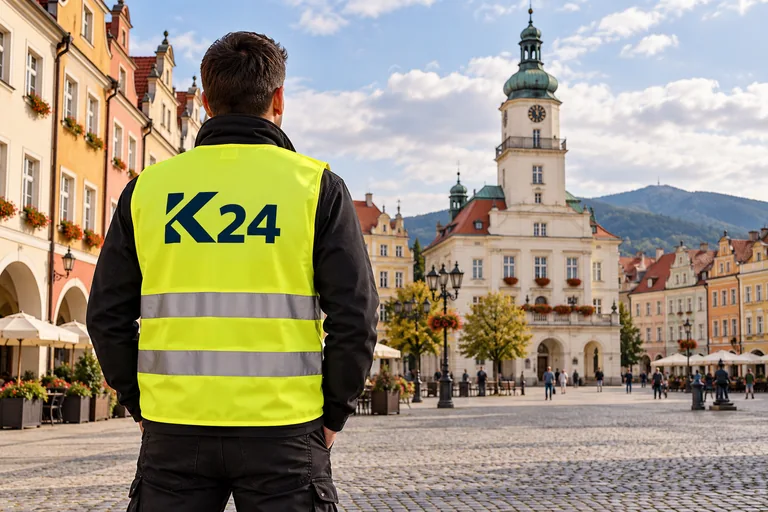Wizualizacja kamizelek z przykładowym logo K24 na tle inspirowanym miastem Jelenia Góra