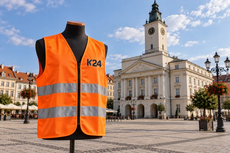 Wizualizacja kamizelek z przykładowym logo K24 na tle inspirowanym miastem Kalisz