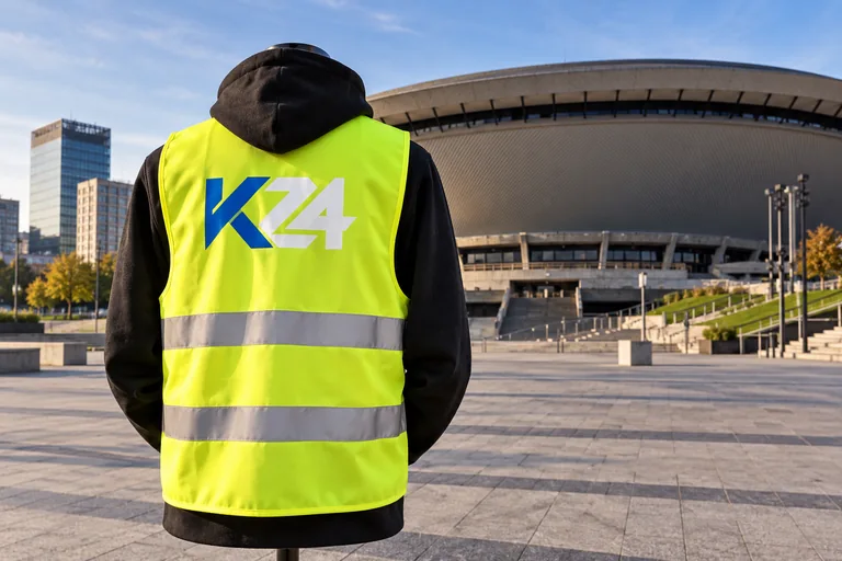 Wizualizacja kamizelek z przykładowym logo K24 na tle inspirowanym miastem Katowice