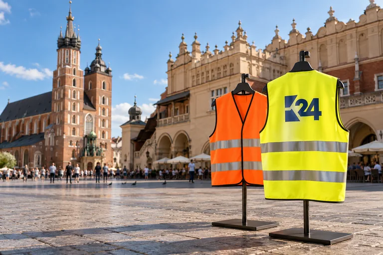 Wizualizacja kamizelek z przykładowym logo K24 na tle inspirowanym miastem Kraków