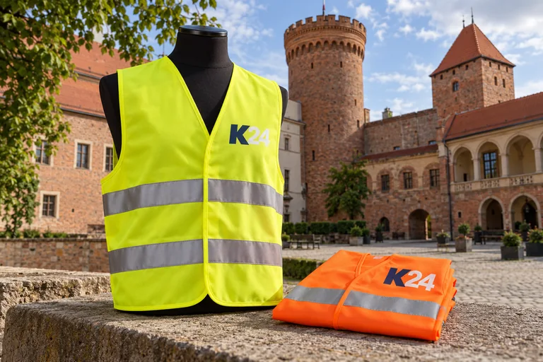Wizualizacja kamizelek z przykładowym logo K24 na tle inspirowanym miastem Legnica