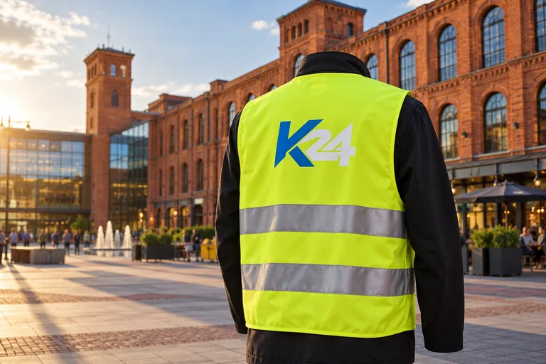 Wizualizacja kamizelek z przykładowym logo K24 na tle inspirowanym miastem Łódź