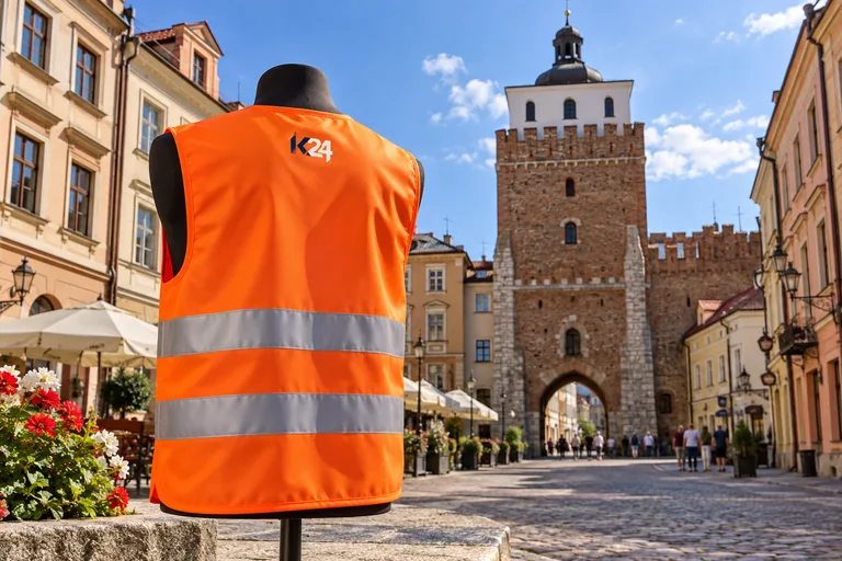 Wizualizacja kamizelek z przykładowym logo K24 na tle inspirowanym miastem Lublin