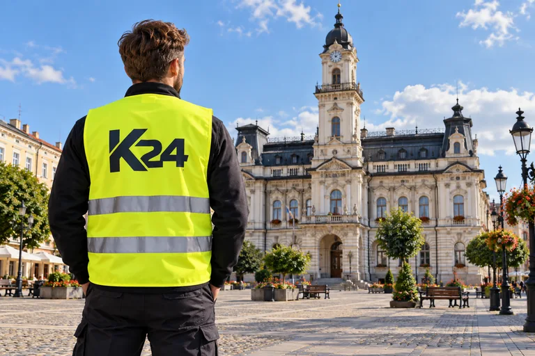 Wizualizacja kamizelek z przykładowym logo K24 na tle inspirowanym miastem Nowy Sącz