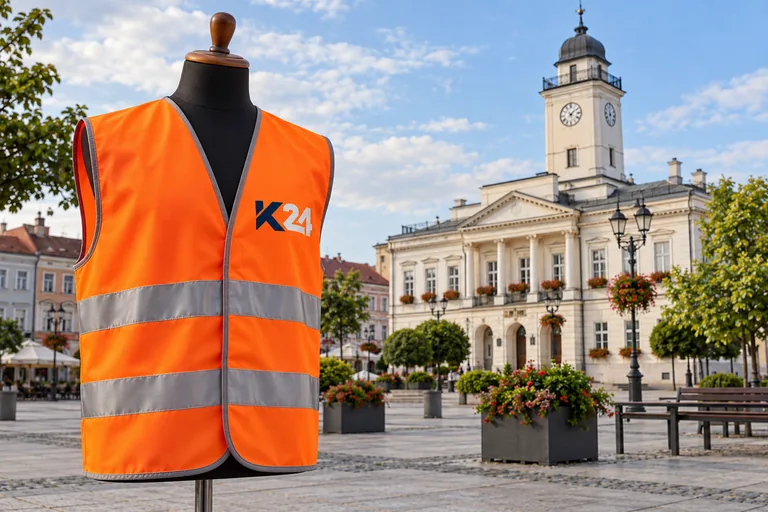 Wizualizacja kamizelek z przykładowym logo K24 na tle inspirowanym miastem Ostrów Wielkopolski