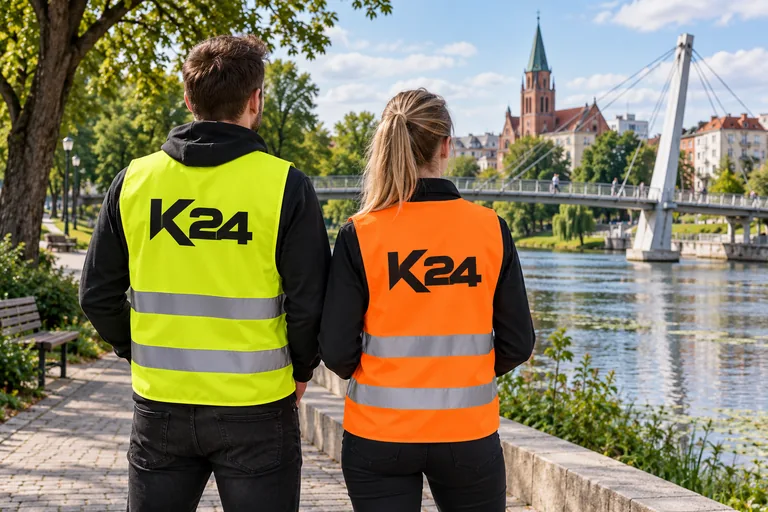 Wizualizacja kamizelek z przykładowym logo K24 na tle inspirowanym miastem Piła