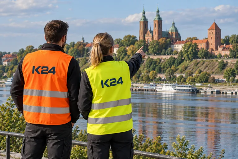 Wizualizacja kamizelek z przykładowym logo K24 na tle inspirowanym miastem Płock