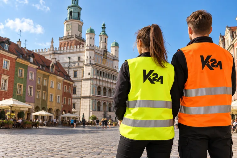 Wizualizacja kamizelek z przykładowym logo K24 na tle inspirowanym miastem Poznań