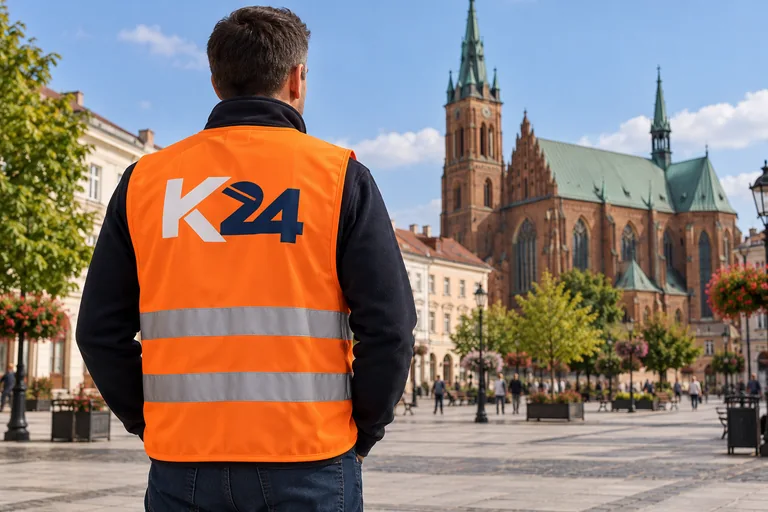 Wizualizacja kamizelek z przykładowym logo K24 na tle inspirowanym miastem Radom