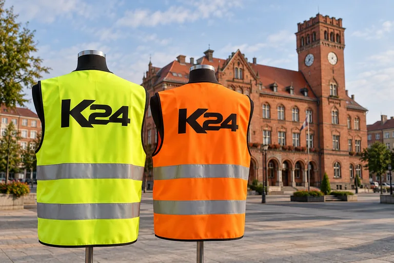 Wizualizacja kamizelek z przykładowym logo K24 na tle inspirowanym miastem Ruda Śląska
