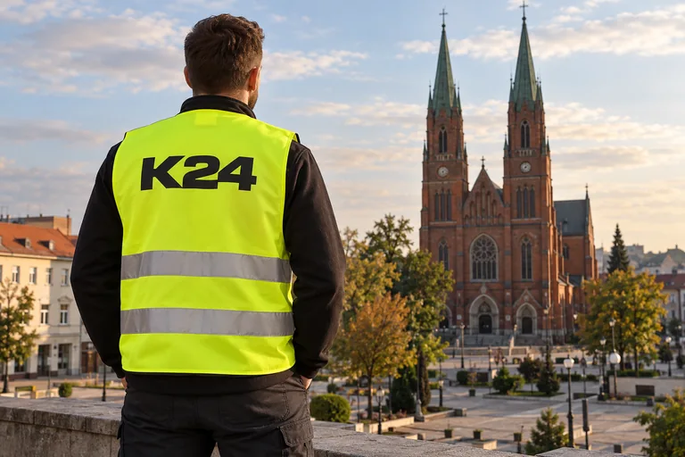 Wizualizacja kamizelek z przykładowym logo K24 na tle inspirowanym miastem Rybnik