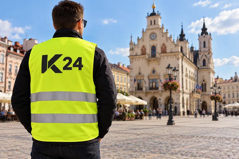 Wizualizacja kamizelek z przykładowym logo K24 na tle inspirowanym miastem Rzeszów