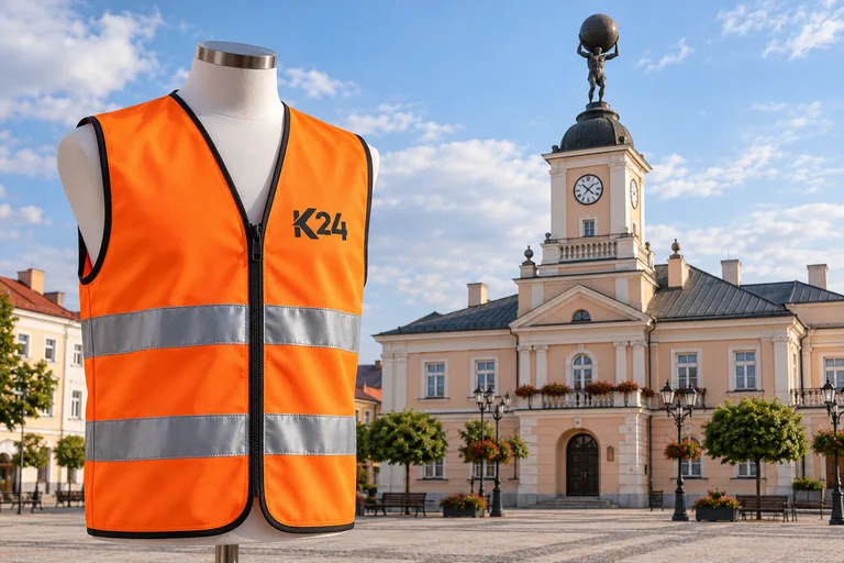Wizualizacja kamizelek z przykładowym logo K24 na tle inspirowanym miastem Siedlce