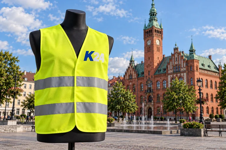 Wizualizacja kamizelek z przykładowym logo K24 na tle inspirowanym miastem Słupsk