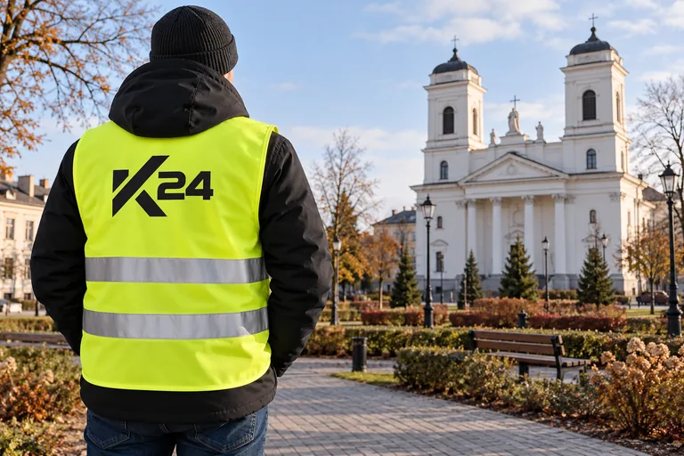Wizualizacja kamizelek z przykładowym logo K24 na tle inspirowanym miastem Suwałki