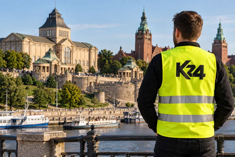 Wizualizacja kamizelek z przykładowym logo K24 na tle inspirowanym miastem Szczecin