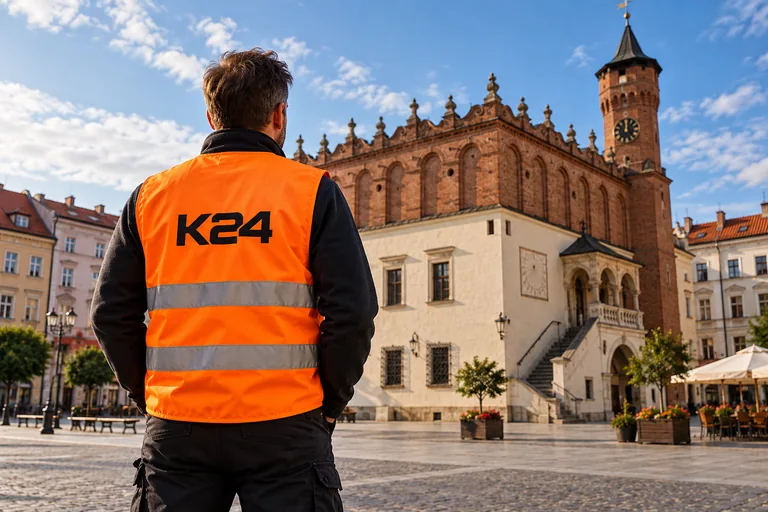 Wizualizacja kamizelek z przykładowym logo K24 na tle inspirowanym miastem Tarnów