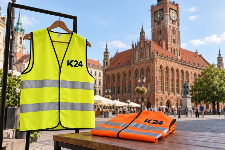 Wizualizacja kamizelek z przykładowym logo K24 na tle inspirowanym miastem Toruń