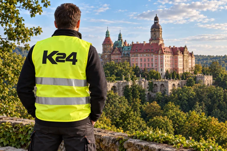 Wizualizacja kamizelek z przykładowym logo K24 na tle inspirowanym miastem Wałbrzych
