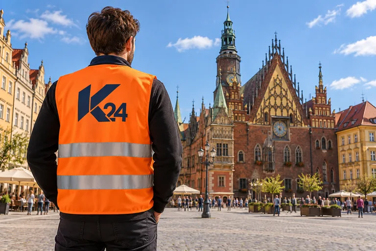 Wizualizacja kamizelek z przykładowym logo K24 na tle inspirowanym miastem Wrocław