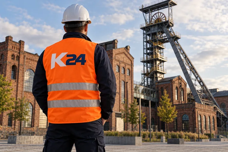 Wizualizacja kamizelek z przykładowym logo K24 na tle inspirowanym miastem Zabrze